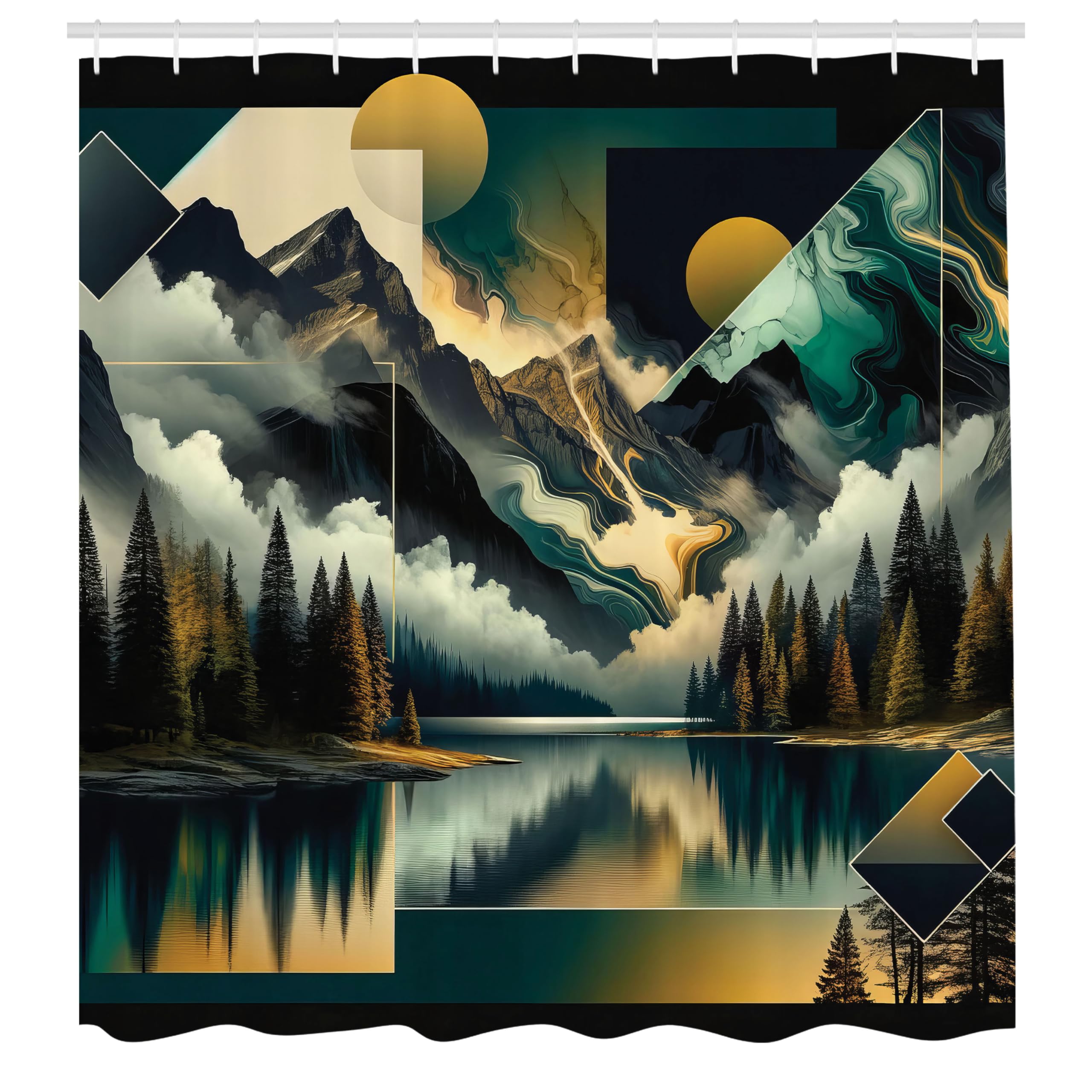 Ambesonne Lake Shower Curtain, Mysterious Scene Of Cloudy Mountains And Pine Trees With Geometric Rounds, Cloth Fabric Bathroom